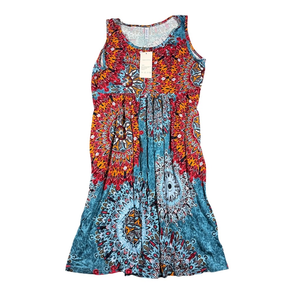 Jouica Mandala Print Tank Dress Womens XL Teal Orange Sleeveless Empire Waist